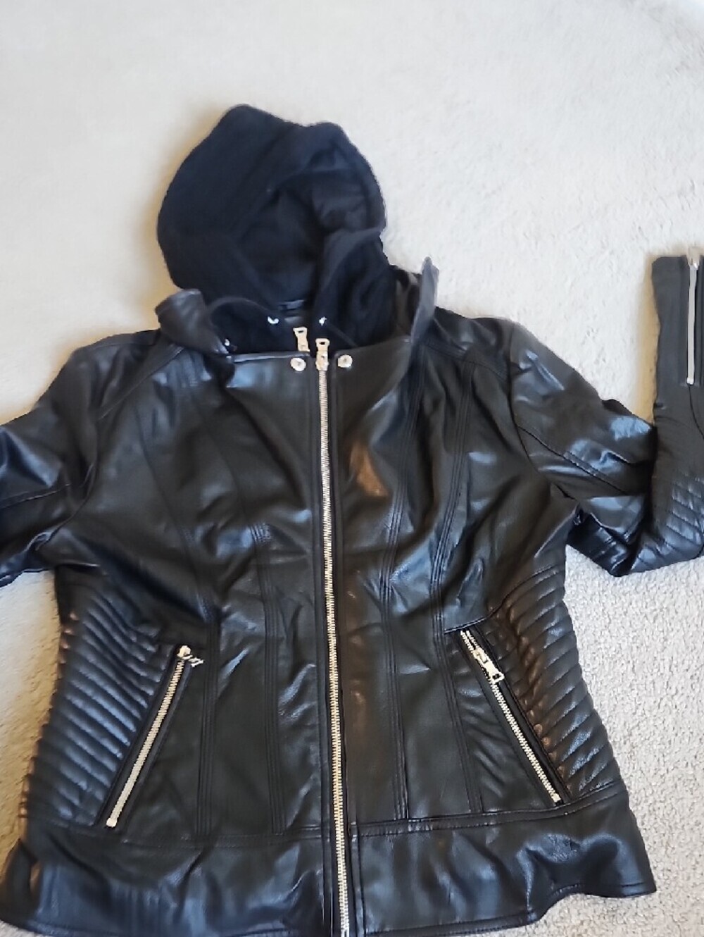 Guess Black Faux Leather Hooded Jacket with Quilted Panels - Picture 6 of 13
